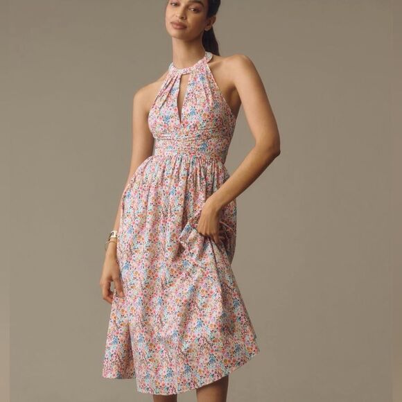 Anthropologie Atsu Sally Bow Back Halter A-line Midi dress Size M Pink - Picture 4 of 4